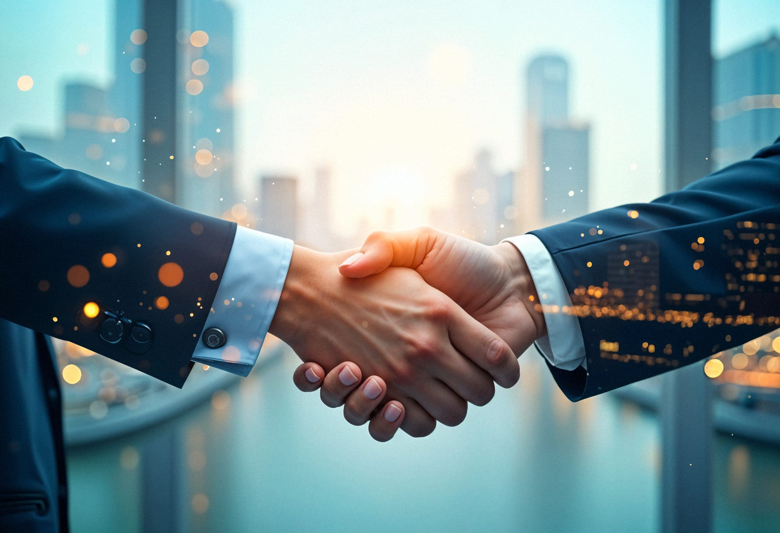 future-visions-business-technology-concept Professional handshake between two businesspeople in suits with a city skyline background, symbolizing partnership and collaboration in a corporate environment.